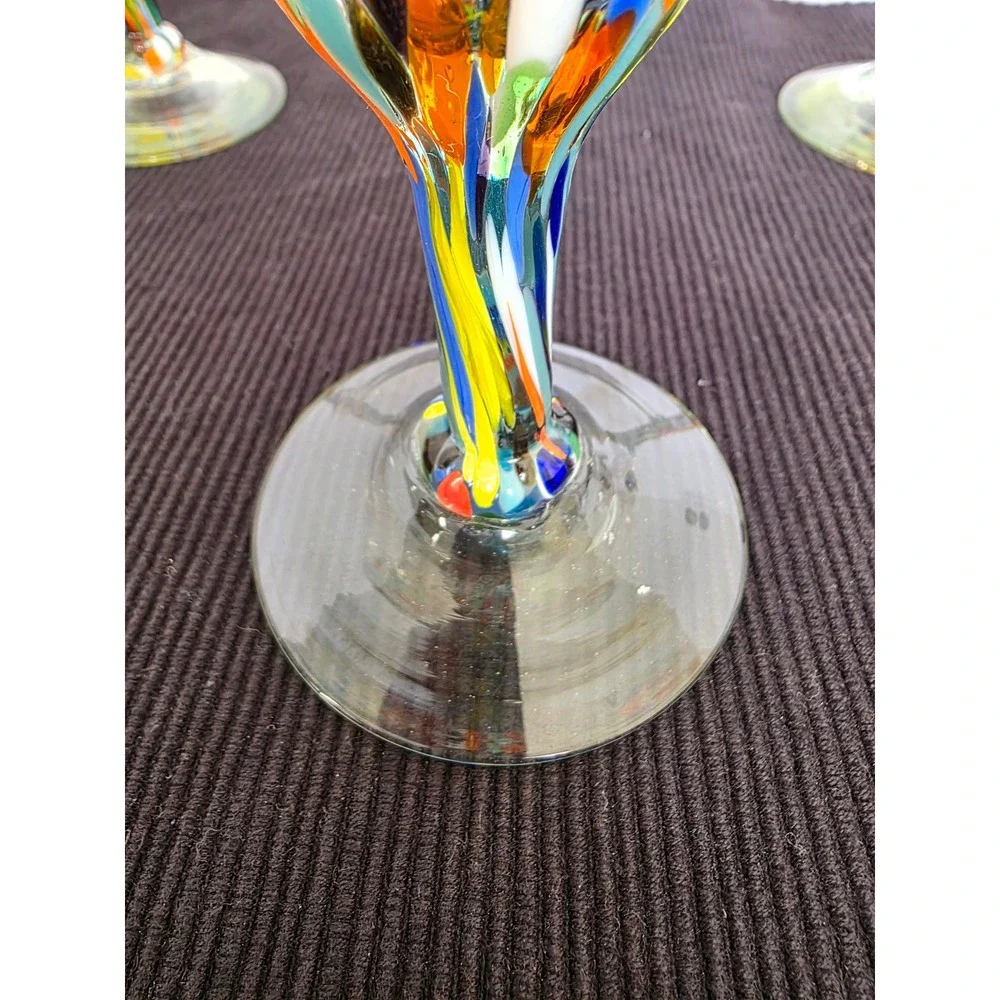 Set of 3 Hand Blown Mexican Margarita Glasses with Colorful Confetti Swirl Stems
